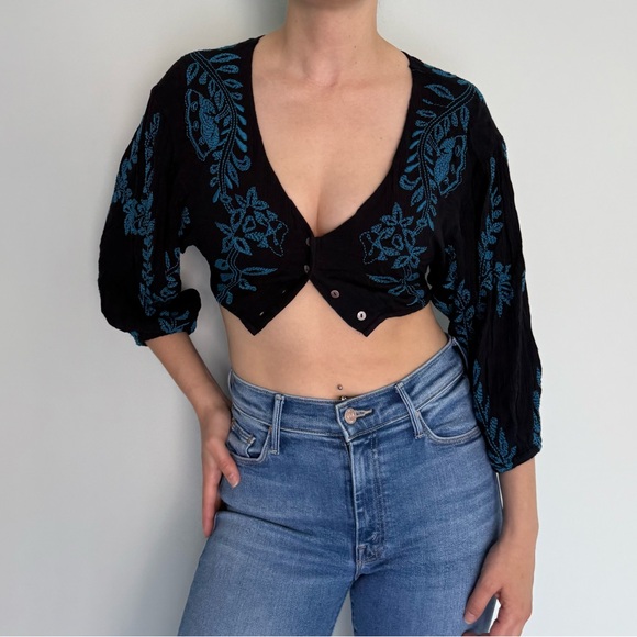 Free People Black Embroidered Cropped Top - Picture 1 of 4